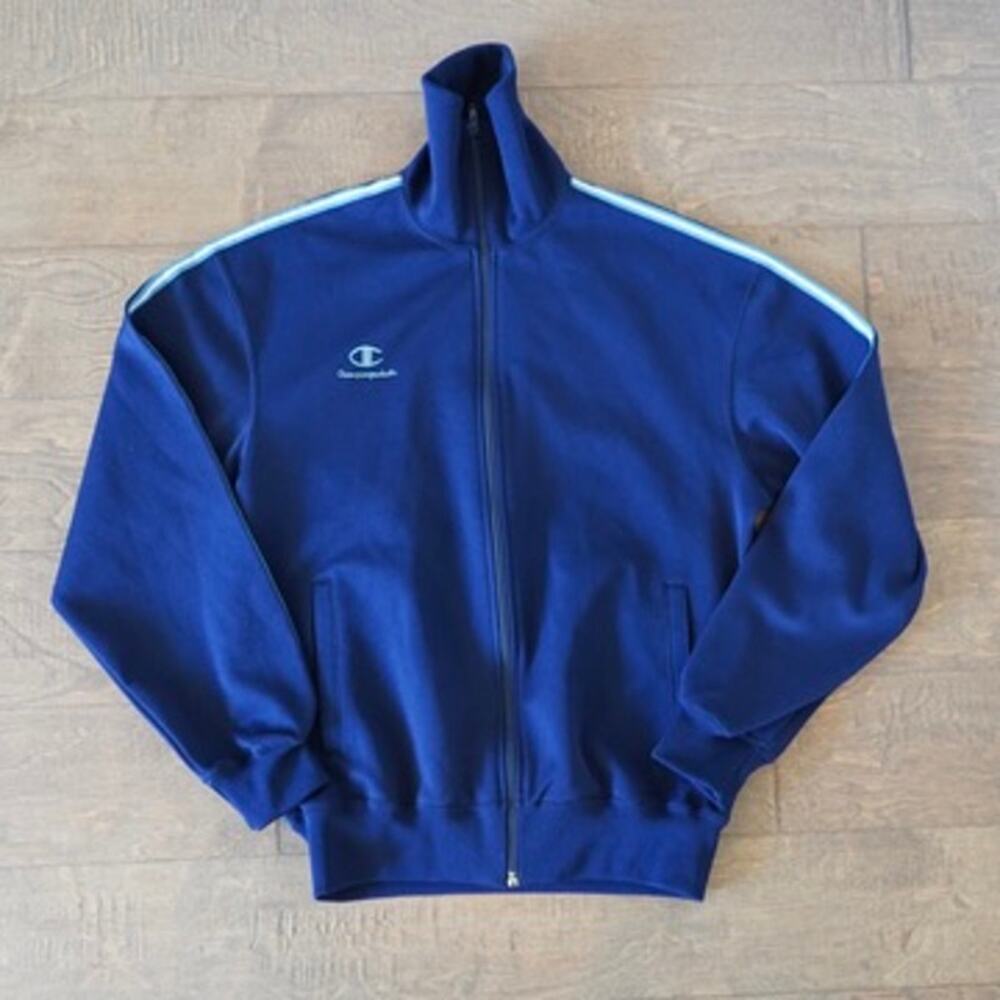 Vtg Champion Jaspo Track Jacket Blue Full Zip Athletic Striped USA Made Mens M
